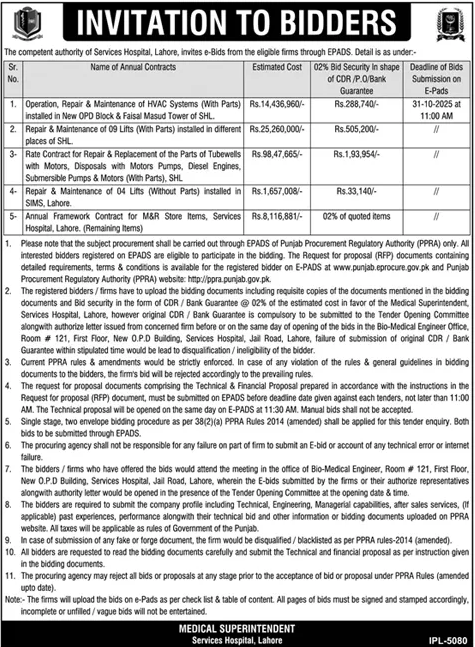 Services Hospital Lahore Tender Notice